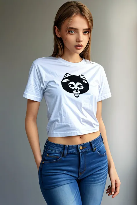 (long shot:1.4), <lora:ViktoriaTishko_v1:.9> ViktoriaTishko wearing a t-shirt and jeans