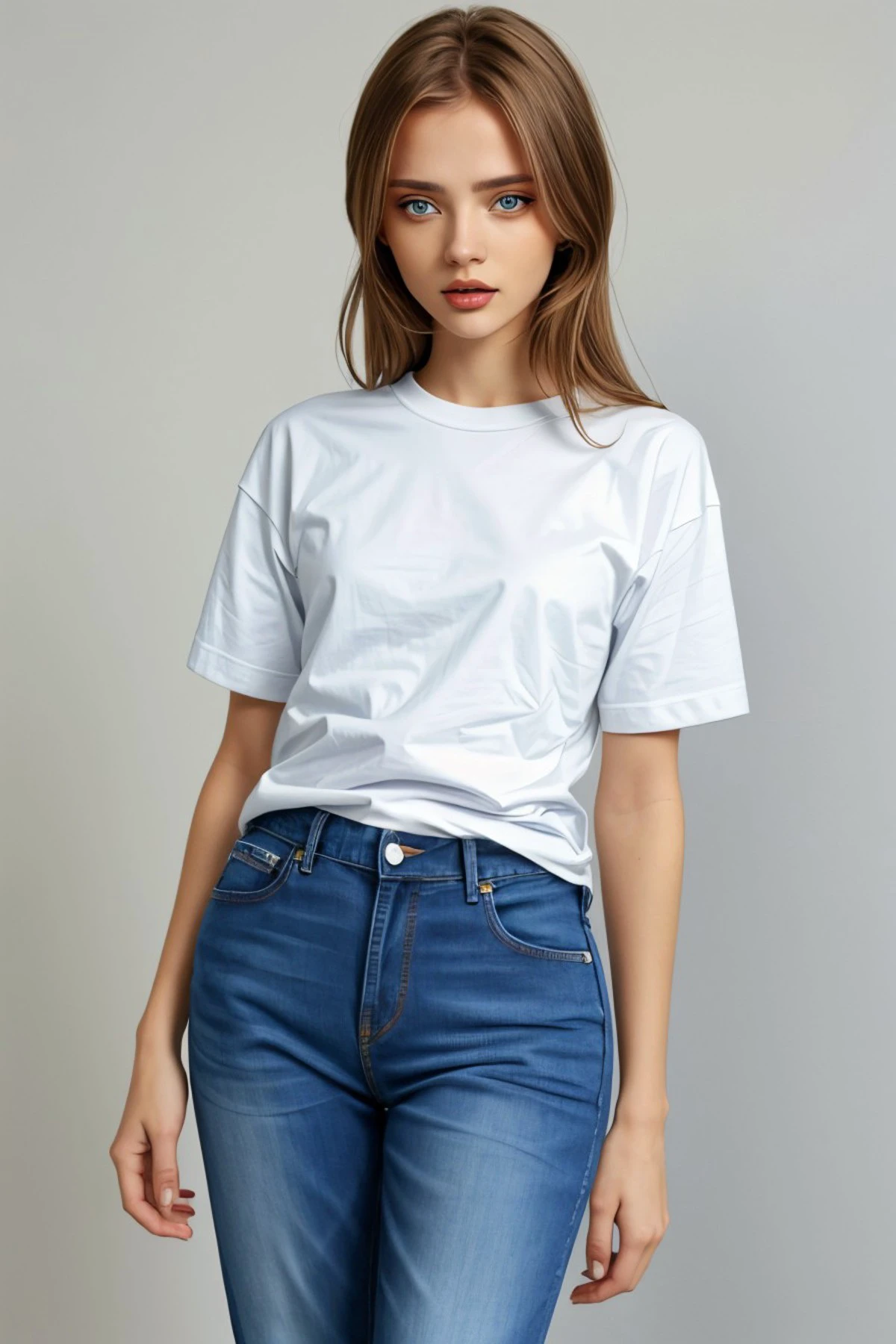 (medium shot:1.4), <lora:ViktoriaTishko_v1:.9> ViktoriaTishko wearing a t-shirt and jeans