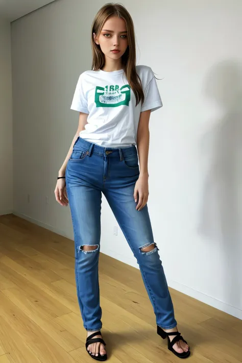 (full body shot:1.4), <lora:ViktoriaTishko_v1:.9> ViktoriaTishko wearing a t-shirt and jeans