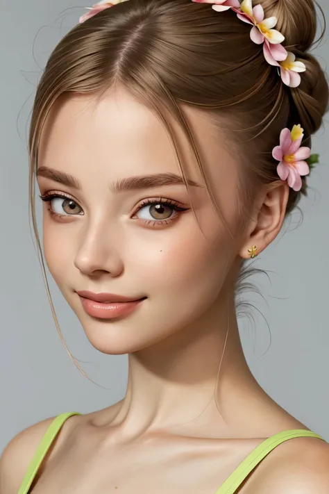 <lora:ViktoriaTishko_v1-000013:.9> ViktoriaTishko, focus on eyes, close up on face, grinning, Clay color hair styled flower bun
