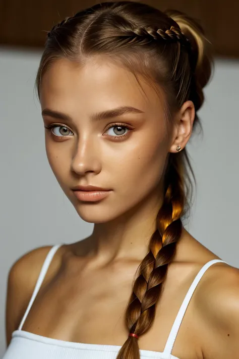 <lora:ViktoriaTishko_v1-000013:.9> ViktoriaTishko, focus on eyes, close up on face, rust color hair styled cornrowed ponytail