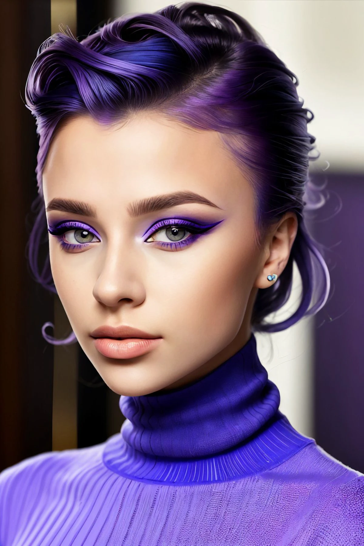 abstract interpretation of, non-objective, color field, patterned, Kandinsky style headshot <lora:ViktoriaTishko_v1:.9> ViktoriaTishko wearing makeup and eyeliner, focus on face, wearing a turtleneck , her violet blue color hair is styled as Faux Hawk with Curly Hair,