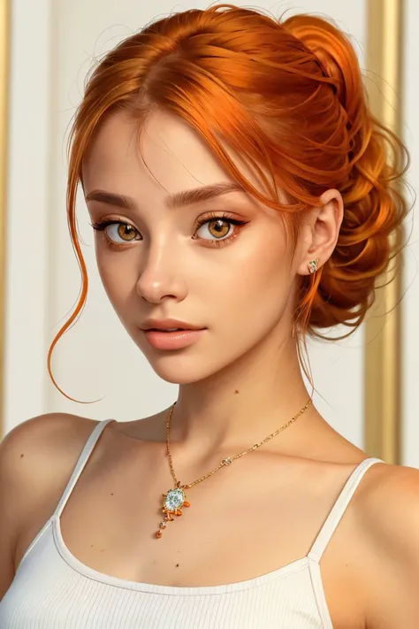 <lora:ViktoriaTishko_v1-000013:.9> ViktoriaTishko, focus on eyes, close up on face, wearing jewelry, low-saturation-orange color hair styled curly ponytail