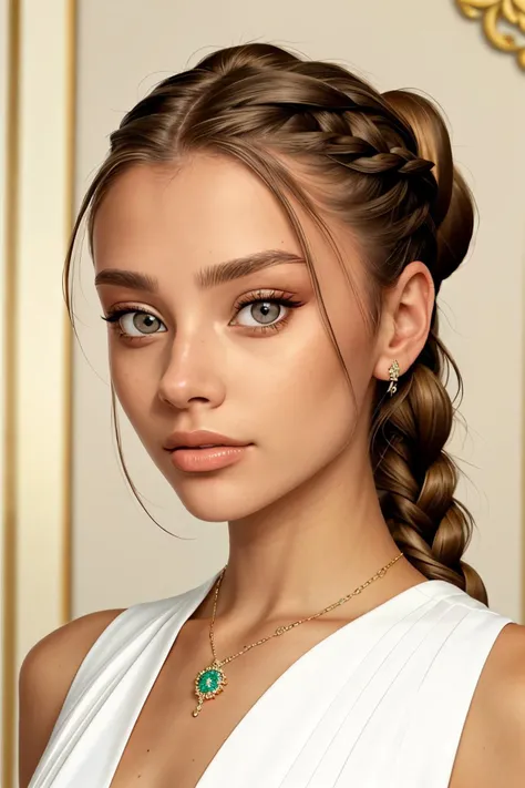<lora:ViktoriaTishko_v1-000013:.9> ViktoriaTishko, focus on eyes, close up on face, wearing jewelry, hair styled cornrowed ponytail