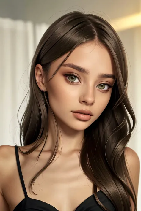 <lora:ViktoriaTishko_v1-000013:.9> ViktoriaTishko, focus on eyes, close up on face, dark olive color hair styled Straight Sleek and Wavy