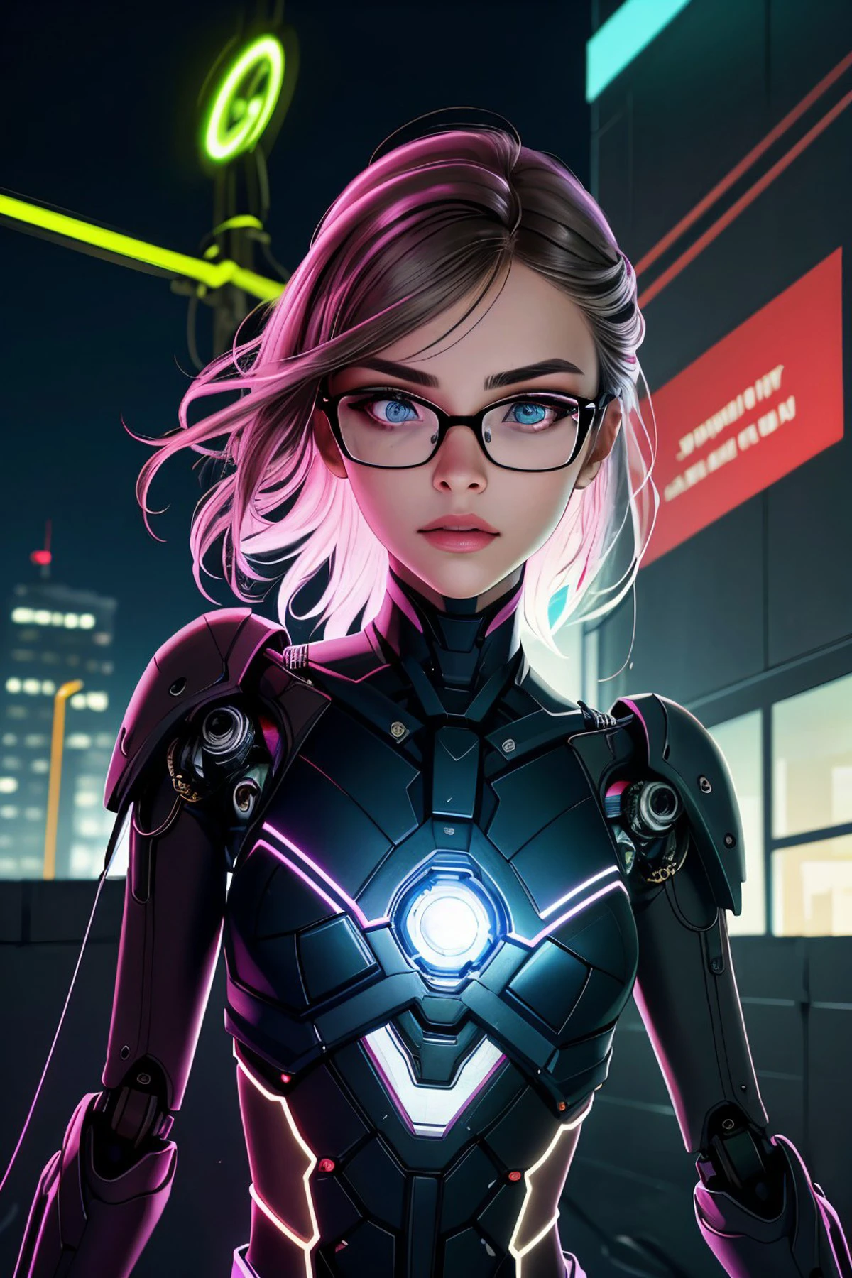 realistic photo of <lora:ViktoriaTishko_v1:.9> ViktoriaTishko wearing makeup and eyeliner wearing glasses, solo, upper body, looking up, detailed background, detailed face, ( theme:1.1), android, mechanical limbs, mechanical eyes, wires, cables, dynamic pose, sleek design, artificial intellgience, nanobots, gears, gadgets, powered by magic, bright Phlox lights, energy pulse, reflections, neon colors, wires in background, epic atmosphere,
