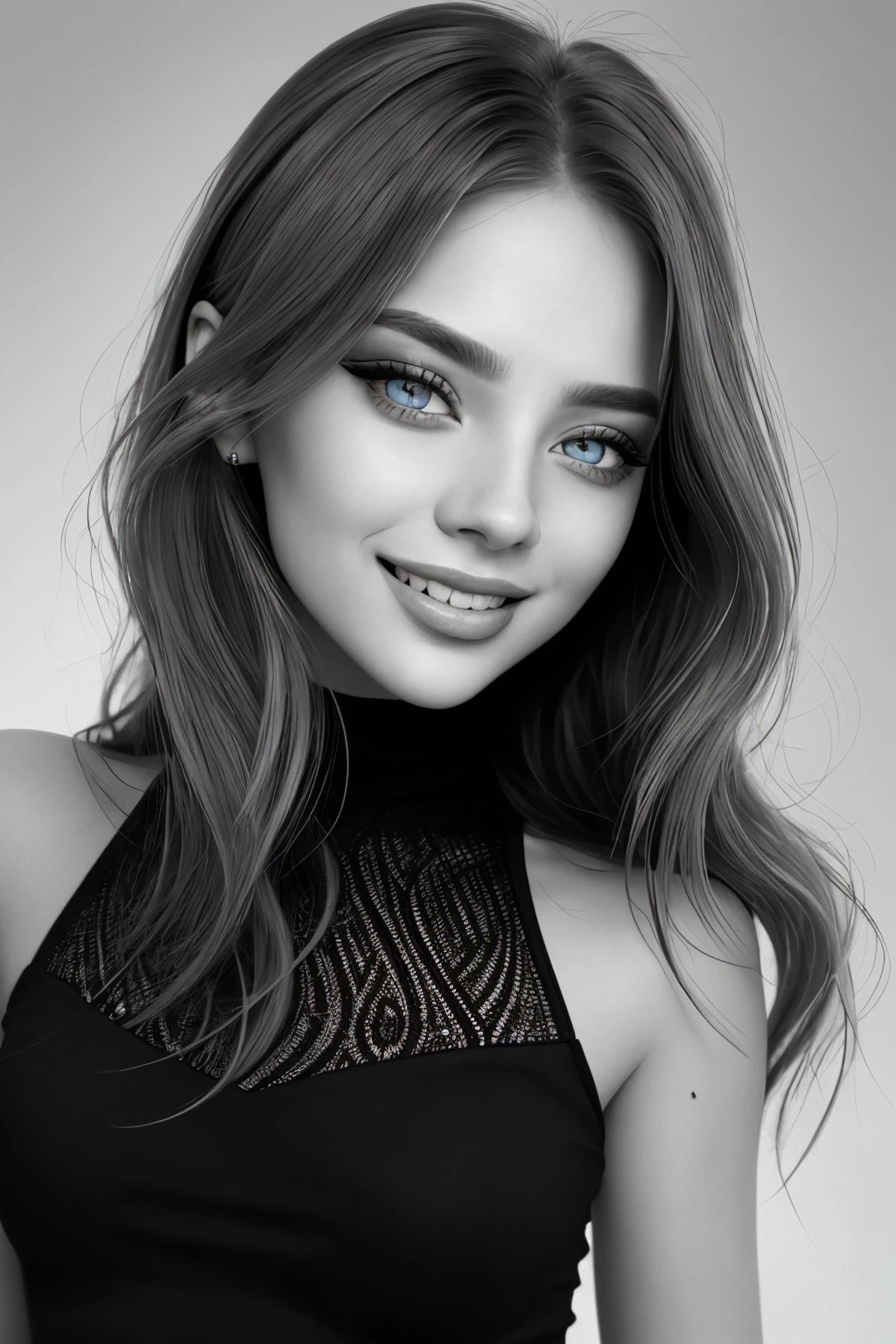 etching style, monochrome, texture, highly detailed, engraving <lora:ViktoriaTishko_v1:.9> ViktoriaTishko wearing makeup and eyeliner, focus on eyes, close up on face, laughing, hair styled voluminous lob hair
