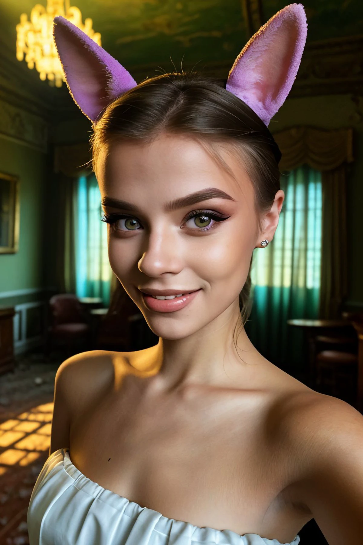 pixel-art, low-res, blocky, pixel art style, 8-bit graphics (shot from a Dutch angle, headshot:1.2) <lora:ViktoriaTishko_v1:.9> ViktoriaTishko wearing makeup and eyeliner, smiling, she is wearing rabbit costume , her hair is styled as side chignon, BREAK she is (in an abandoned castle:1.1), (hard lighting:1.4), 50mm ,solarized,shot on Bolex H16 ,
