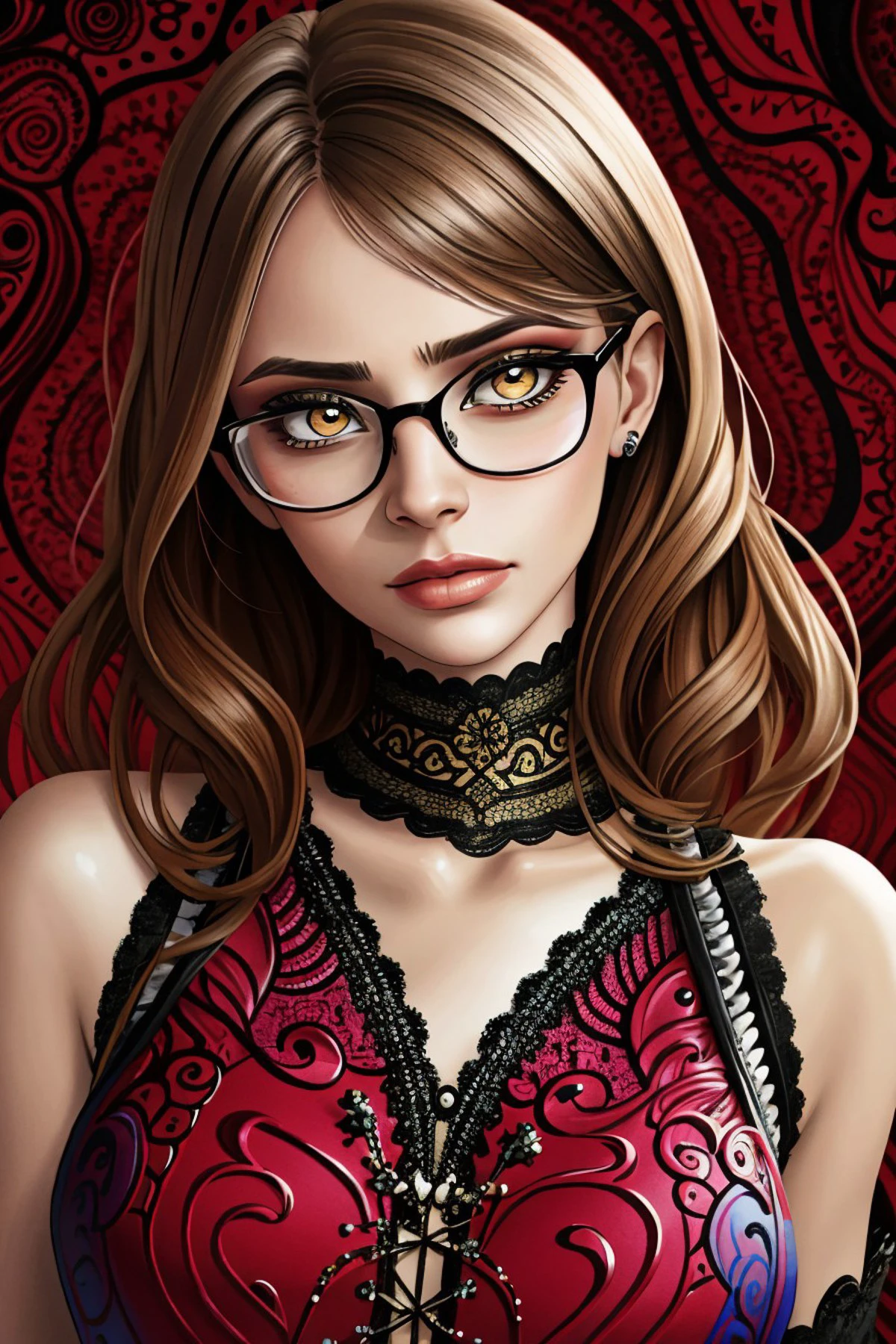 romantic style, dramatic, emotional, nature, highly detailed, realistic photo of <lora:ViktoriaTishko_v1:.9> ViktoriaTishko wearing makeup and eyeliner wearing glasses, ink splash, colorful, zentangle