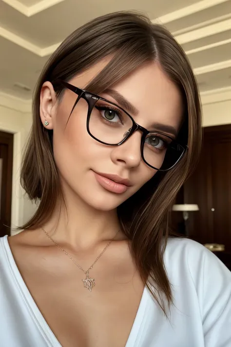 <lora:ViktoriaTishko_v1-000013:.9> ViktoriaTishko smile wearing makeup and eyeliner wearing glasses, focus on eyes, close up on face, pouting, wearing jewelry, Saddle brown color hair styled blunt bob hair