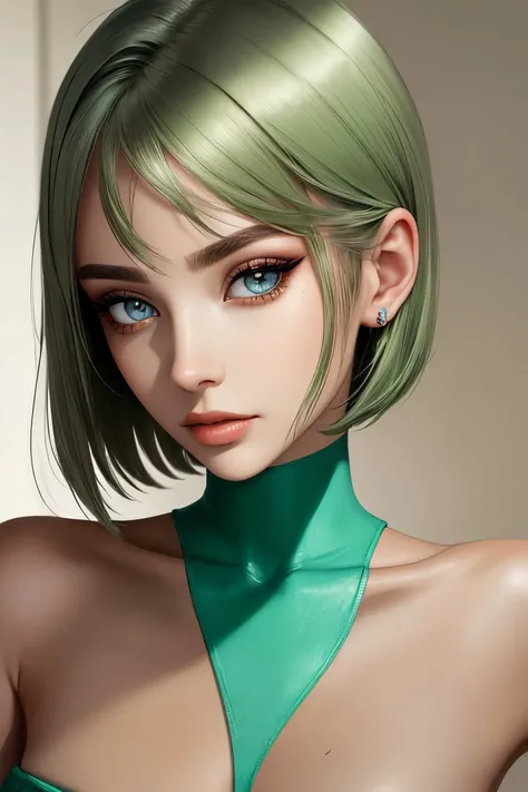 Portrait of young woman, short green hair, 8k, ultra detailed, ultra sharp, realistic, striking gorgeous eyes, volumetric lighting, 8k photo,model RealisticVision4