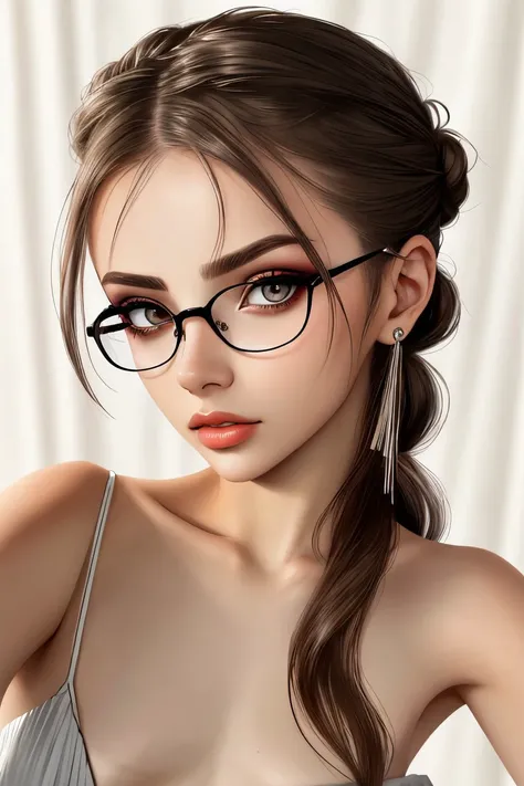 <lora:ViktoriaTishko_v1-000013:.9> ViktoriaTishko makeup eyeliner glasses, focus on eyes, close up on face, wearing jewelry, hair styled Straight Low Twisted Bun