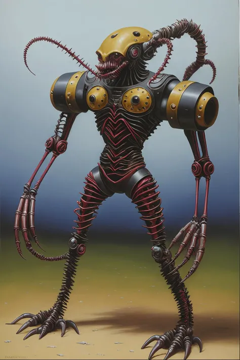 ((oil painting)),a twisted being,four legs,full body,phyrexian,metal head,beaklike face,tesla coils,plate armor,tubes,beakers in body,cyborg,biomechanical,arm cannon,cable muscles,spikes,((simple background)), <lora:PhyStyleReal:0.9>