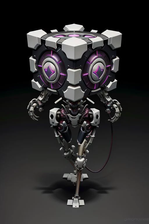 best quality, masterpiece, highres, high resolution,
1other, full body, solo,
weighted companion cube,
phyrexian, cyborg, biomechanical,
(arm cannon, cable muscles, spikes, tesla coils, tubes, beakers in body:0.8),
simple background