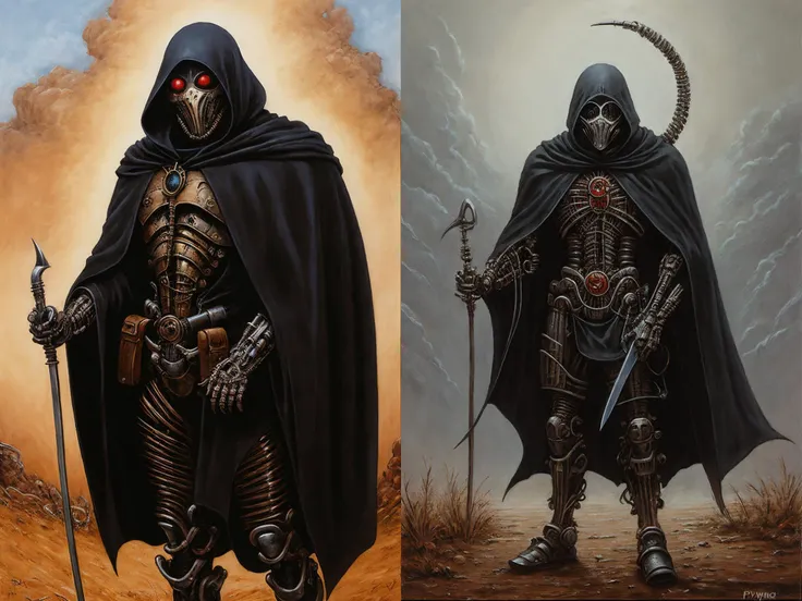 simple background,oil painting, a man wearing a black cloak,full body,phyrexian,hideous mask,beaklike head,cyborg,biomechanical,sword for arm,cable muscles, <lora:PhyStyleReal:0.8>