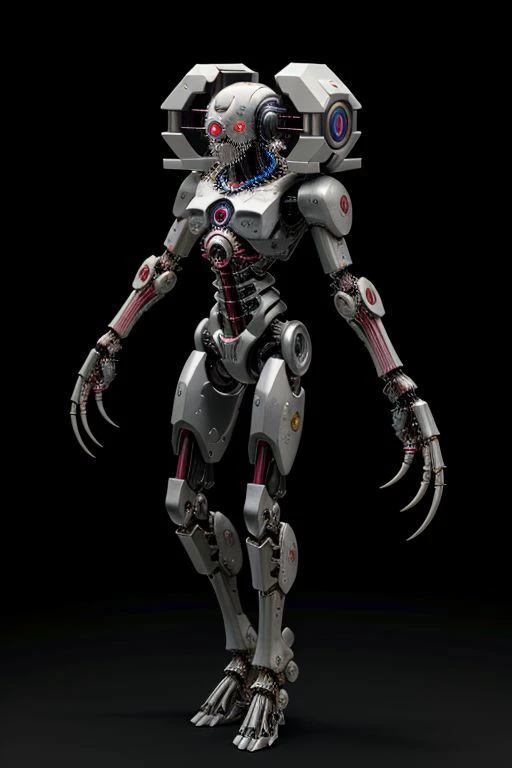 best quality, masterpiece, highres, high resolution,
1other, full body, solo,
weighted companion cube,
phyrexian, cyborg, biomechanical, 
(arm cannon, cable muscles, spikes, tesla coils, tubes, beakers in body:0.8),
simple background