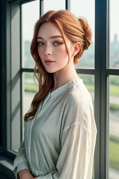 photo of beautiful (EPL4rs3nTh0mps0n:0.99), a woman with perfect hair, hair upsweep updo, wearing (green Linen Tunic :1.1), (plain white urban modern interior[::3], fantastic scenery, window, overcast :1.1), modelshoot style, (extremely detailed CG unity 8k wallpaper), professional majestic photography, (smile), ((upper body)), (camera), 24mm, exposure blend, hdr, faded, extremely intricate, High (Detail:1.1), Sharp focus, dramatic, soft cinematic light, (upper body), (looking at viewer), (detailed pupils), 4k textures, soft cinematic light, adobe lightroom, photolab, elegant, ((((cinematic look)))), soothing tones, insane details, hyperdetailed, low contrast("I've got a bad feeling about this.":1.1), ("In Jernau we trust!":1.1),