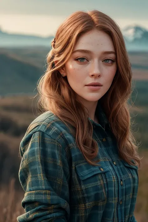 photo of beautiful (EPL4rs3nTh0mps0n:0.99), a woman with perfect hair, hair upsweep updo, wearing (blue Flannel Shirt :1.1), (plain yellow arctic tundra cliff[::1] :1.1), modelshoot style, (extremely detailed CG unity 8k wallpaper), professional majestic photography, (smile), ((upper body)), (camera), 24mm, exposure blend, hdr, faded, extremely intricate, High (Detail:1.1), Sharp focus, dramatic, soft cinematic light, (upper body), (looking at viewer), (detailed pupils), 4k textures, soft cinematic light, adobe lightroom, photolab, elegant, ((((cinematic look)))), soothing tones, insane details, hyperdetailed, low contrast("I've got a bad feeling about this.":1.1), ("In Jernau we trust!":1.1),