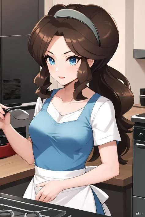 8k, highly detailed, masterpiece, 1girl, hildas mum, shirt, apron, kitchen, cooktop, cooking, small breasts <lora:hildas_mum-1.0:1>
