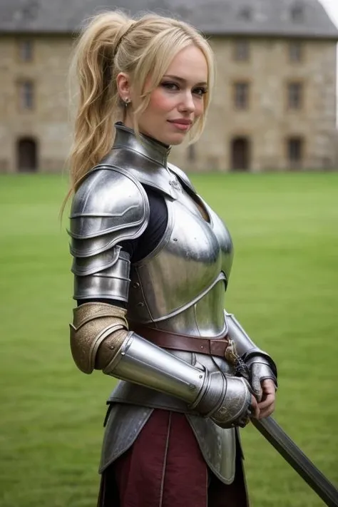 photo,detailed background, stunning beauty, high quality photo, perfect composition, perfect details and textures, highly detailed, front view, looking at camera, perfect lighting,<lora:more_details:0.6> <lora:xxptcnd:1> blonde xxptcnd with a ponytail, with a medieval armor and a medieval weapon in the castle, female knight