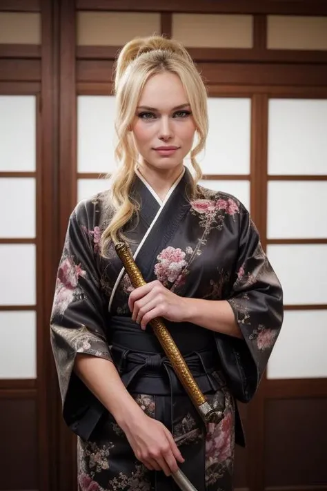 photo,detailed background, stunning beauty, high quality photo, perfect composition, perfect details and textures, highly detailed, front view, looking at camera, perfect lighting,<lora:more_details:0.6>, <lora:xxptcnd:1> blonde xxptcnd with a kimono and holding a samurai sword in the dojo, (holding a sharp katana:1.1), female samurai