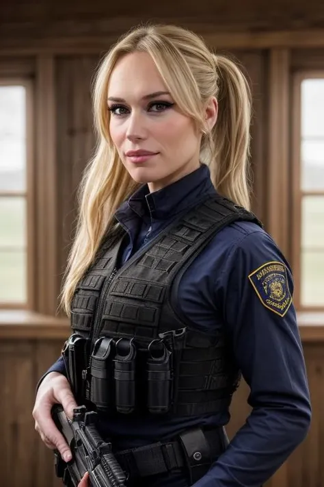 photo,detailed background, stunning beauty, high quality photo, perfect composition, perfect details and textures, highly detailed, front view, looking at camera, perfect lighting,<lora:more_details:0.6> <lora:xxptcnd:1> blonde xxptcnd with a ponytail, with a bulletproof vest and a shotgun, policewoman