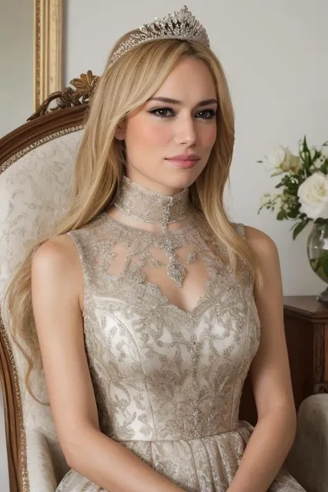 photo of a serious and majestic queen, highly detailed photo,  natural woman, high quality photo, perfect details and textures,  perfect composition, perfect lighting,<lora:xxptcnd:0.7> blonde xxptcnd with a mithril tiara, with an exquisite sleeveless turtleneck elven dress, sitting with elegance on the throne with legs crossed