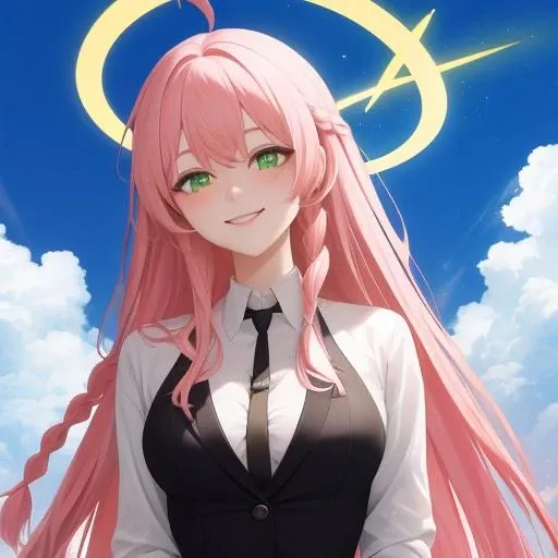 <lora:swhuazi_v1:0.8>,huazi, girl,breasts, pink hair, green eyes, solo,long hair, braid, ahoge, underwear, looking at viewersmile, masterpiece, best quality,masterpiece, best quality,halo, masterpiece, best quality,hide hand, masterpiece, best quality,suit, masterpiece, best quality,