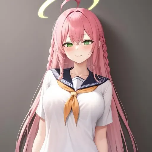 <lora:swhuazi_v1:0.8>,huazi, girl, breasts, pink hair, green eyes, solo,long hair, braid, ahoge, underwear, looking at viewersmile, masterpiece, best quality,masterpiece, best quality,halo,sailor suit,, masterpiece, best quality,