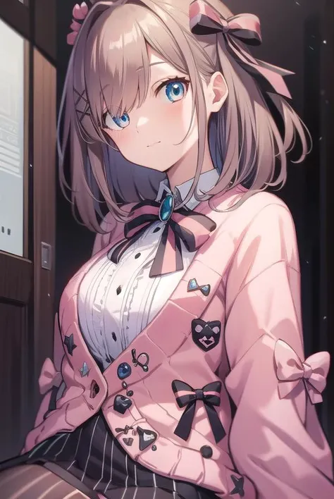 lulusuzuhara, <lyco:lulusuzuhara-LYCORIStest:1>,
lulu suzuhara, blue eyes, brown hair, hair ornament, hair over one eye, hair ribbon,
BREAK boots, bow, bowtie, brooch, buttons, cardigan, frills, jewelry, pantyhose, ribbon, skirt, striped, striped pantyhose, striped skirt, vertical stripes, vertical-striped pantyhose, virtual youtuber, (pink cardigan:1.5),
BREAK looking at viewer,
BREAK indoors,
BREAK <lora:GoodHands-vanilla:1>, (masterpiece:1.2), best quality, high resolution, unity 8k wallpaper, (illustration:0.8), (beautiful detailed eyes:1.6), extremely detailed face, perfect lighting, extremely detailed CG, (perfect hands, perfect anatomy),