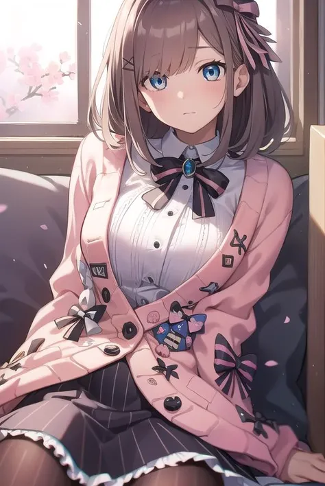 lulusuzuhara, <lyco:lulusuzuhara-LYCORIStest:1>,
lulu suzuhara, blue eyes, brown hair, hair ornament, hair over one eye, hair ribbon,
BREAK boots, bow, bowtie, brooch, buttons, cardigan, frills, jewelry, pantyhose, ribbon, skirt, striped, striped pantyhose, striped skirt, vertical stripes, vertical-striped pantyhose, virtual youtuber, (pink cardigan:1.5),
BREAK looking at viewer,
BREAK indoors,
BREAK <lora:GoodHands-vanilla:1>, (masterpiece:1.2), best quality, high resolution, unity 8k wallpaper, (illustration:0.8), (beautiful detailed eyes:1.6), extremely detailed face, perfect lighting, extremely detailed CG, (perfect hands, perfect anatomy),