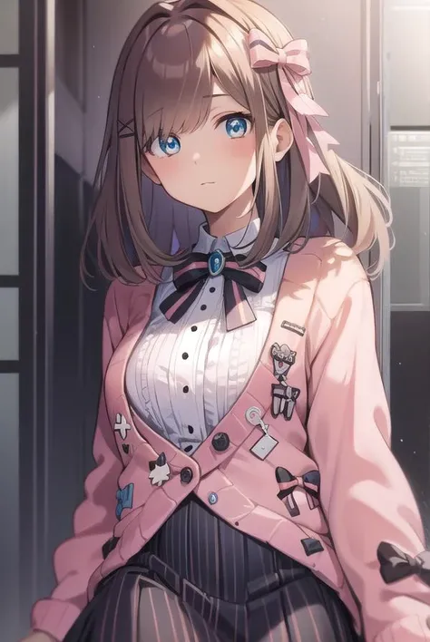 lulusuzuhara, <lyco:lulusuzuhara-LYCORIStest:1>,
lulu suzuhara, blue eyes, brown hair, hair ornament, hair over one eye, hair ribbon,
BREAK boots, bow, bowtie, brooch, buttons, cardigan, frills, jewelry, pantyhose, ribbon, skirt, striped, striped pantyhose, striped skirt, vertical stripes, vertical-striped pantyhose, virtual youtuber, (pink cardigan:1.5),
BREAK looking at viewer,
BREAK indoors,
BREAK <lora:GoodHands-vanilla:1>, (masterpiece:1.2), best quality, high resolution, unity 8k wallpaper, (illustration:0.8), (beautiful detailed eyes:1.6), extremely detailed face, perfect lighting, extremely detailed CG, (perfect hands, perfect anatomy),