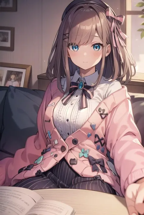 lulusuzuhara, <lyco:lulusuzuhara-LYCORIStest:1>,
lulu suzuhara, blue eyes, brown hair, hair ornament, hair over one eye, hair ribbon,
BREAK boots, bow, bowtie, brooch, buttons, cardigan, frills, jewelry, pantyhose, ribbon, skirt, striped, striped pantyhose, striped skirt, vertical stripes, vertical-striped pantyhose, virtual youtuber, (pink cardigan:1.5),
BREAK looking at viewer,
BREAK indoors,
BREAK <lora:GoodHands-vanilla:1>, (masterpiece:1.2), best quality, high resolution, unity 8k wallpaper, (illustration:0.8), (beautiful detailed eyes:1.6), extremely detailed face, perfect lighting, extremely detailed CG, (perfect hands, perfect anatomy),