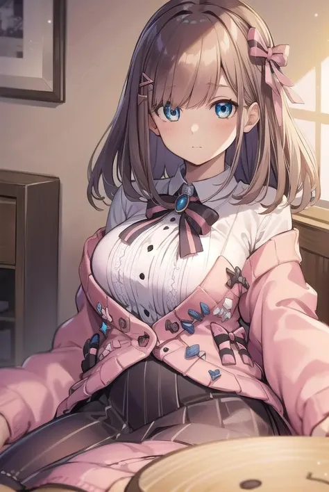 lulusuzuhara, <lyco:lulusuzuhara-LYCORIStest:1>,
lulu suzuhara, blue eyes, brown hair, hair ornament, hair over one eye, hair ribbon,
BREAK boots, bow, bowtie, brooch, buttons, cardigan, frills, jewelry, pantyhose, ribbon, skirt, striped, striped pantyhose, striped skirt, vertical stripes, vertical-striped pantyhose, virtual youtuber, (pink cardigan:1.5),
BREAK looking at viewer,
BREAK indoors,
BREAK <lora:GoodHands-vanilla:1>, (masterpiece:1.2), best quality, high resolution, unity 8k wallpaper, (illustration:0.8), (beautiful detailed eyes:1.6), extremely detailed face, perfect lighting, extremely detailed CG, (perfect hands, perfect anatomy),