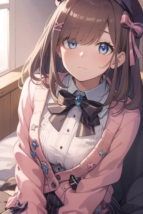 lulusuzuhara, <lyco:lulusuzuhara-LYCORIStest:1>,
lulu suzuhara, blue eyes, brown hair, hair ornament, hair over one eye, hair ribbon,
BREAK hat, beret, boots, bow, bowtie, brooch, buttons, cardigan, frills, jewelry, pantyhose, ribbon, skirt, striped, striped pantyhose, striped skirt, vertical stripes, vertical-striped pantyhose, virtual youtuber, (pink cardigan:1.5),
BREAK looking at viewer,
BREAK indoors,
BREAK <lora:GoodHands-vanilla:1>, (masterpiece:1.2), best quality, high resolution, unity 8k wallpaper, (illustration:0.8), (beautiful detailed eyes:1.6), extremely detailed face, perfect lighting, extremely detailed CG, (perfect hands, perfect anatomy),