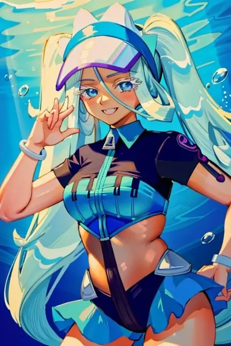 (masterpiece, best quality, highres, ultra detailed:1.2), (solo, 1girl, cowboy shot), mizumiku, blue hair, twintails, visor cap, smile, jacket, blue eyes, jewelery, skirt, white eyelashes, bracelet, BREAK, (dynamic pose, swimming, peace sign), (underwater, air bubble, coral, coral reef, water:1.1)