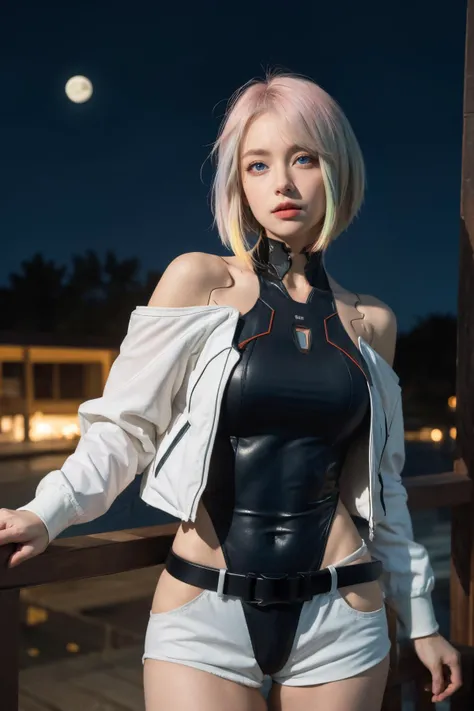 One woman, cyberpunk, short hair, red eyes, white hair, masterpiece, best quality, on a street, huge buildings, futuristic outfit, Jil Valetine, realistic, perfect face