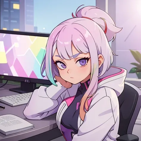 40 years old lu1, multicolored hair, leotard, white jacket, cyberpunk, Athletic body, (nsfw:0.7), posing, light Lilac gingham gothic outfit, (bokeh effect:1.2). workday in a cubicle, office grind, productivity, office life <lora:nsfw0.3.6:0.5> <lora:lucy_(cyberpunk)_v10:0.5>