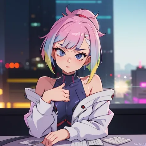 20 years old lu1, multicolored hair, leotard, white jacket, cyberpunk, Broad-shouldered body, (nsfw:0.7), posing, dark Blue plush lusty outfit, (bokeh effect:1.2). high-stakes casino heist, glamorous casino, daring theft, suspenseful caper <lora:nsfw0.3.6:0.9> <lora:lucy_(cyberpunk)_v10:0.5>