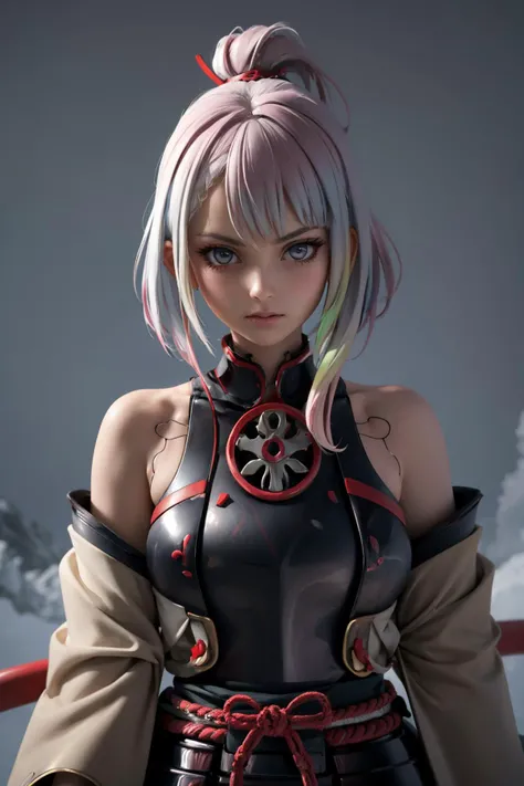 (masterpiece, best quality, high quality, highres, ultra-detailed), <lora:genichiro:0.6>, (japanese armor, samurai:1.1), helmet, <lora:lucy_(cyberpunk)_v10:0.6> lu1, cyborg, multicolored hair, makeup, bare shoulders