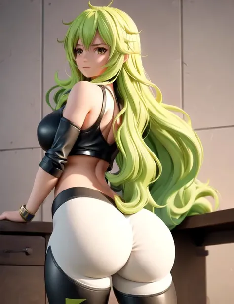 Code Geass, C.C, 1girl, (((bimbo))), long green hair, yellow eyes, ear rings, puffy lips, painted lips, thick lips, wide hips, thick thighs, small breast, huge ass, revealing cleavage, erotic, sexy face, bubble butt, camel toe butt, black bikini, ass posing, looking back, legs posing, walking, 