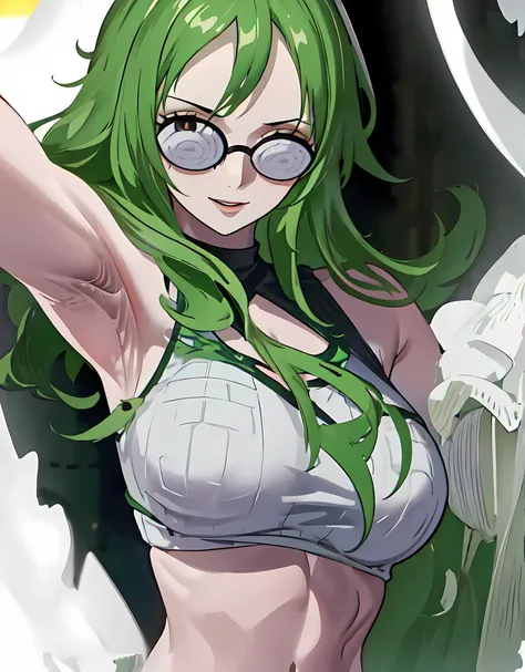 One arm behind head、Character portrait、((Black-rimmed glasses))、(White background)、(Green Hair、long hair、Wavy Hair、Green Eyes)、(Sexy Green Bra、panties)、Ultra-detailed illustration、Ultra-precision performance、masterpiece、highest quality、超High resolution、High resolution、 (Medium chest)、(Sweat、body fluid:1.2)、Glowing Skin、Mummyfy、Thighs、Chubby