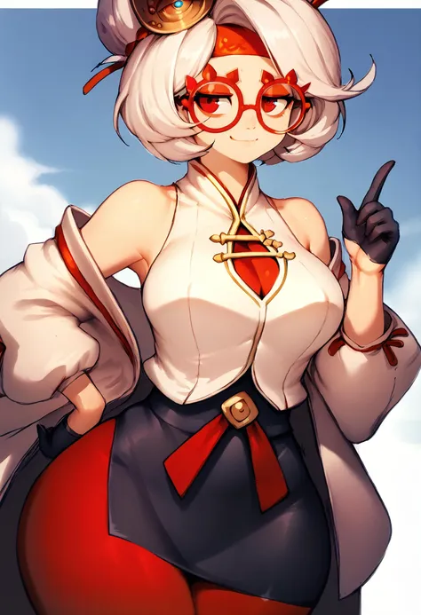 score_9, score_7_up BREAK 1girl,purah,red eyes,white hair,hair ornament, red headband, red glasses, sleeveless shirt, white coat, black skirt, red leggings, gloves,smug,closed mouth,cowboy shot,wide hips <lora:purah-pdxl-nvwls-v1:0.8> <lora:fumio_pd:1>