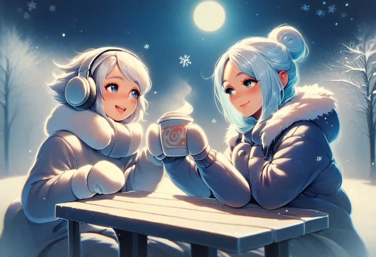 ((score_9), score_8_up, score_7_up), score_6_up, score_4_up, score_5_up,ais-ghostly, (2 girls),(mature women),(sitting side by side on a bench in a park in a winter night),looking at each other,drink hot coffee, hand on hand in a cold winter night,heavy fur coats,winter clothes,winter headphones,mittens,cold mist,blush,starry sky,cute,full moon,snowflakes falling,happy smiles,having fun