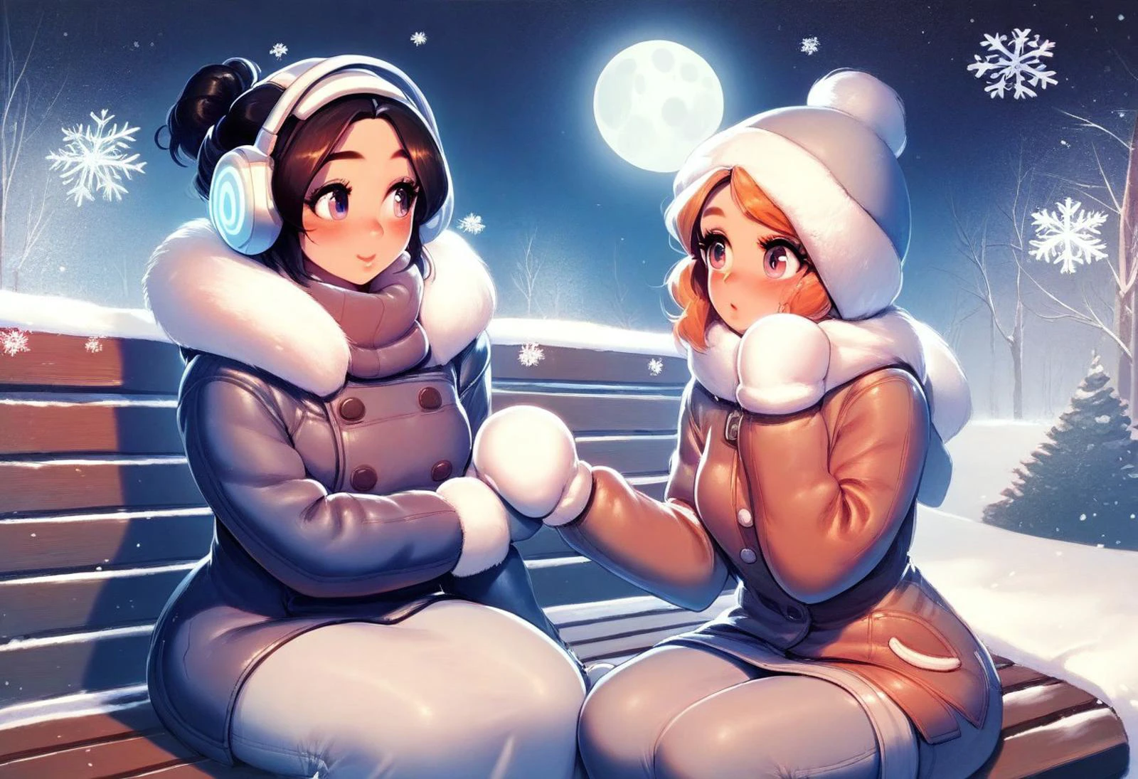 ((score_9), score_8_up, score_7_up), score_6_up, score_4_up, score_5_up,ais-ghostly, (2 girls),mature women,sitting side by side on a bench in a park in a winter night, hand on hand in a cold winter night,heavy fur coats,winter clothes,winter headphones,mittens,cold mist,blush,starry sky,cute,full moon,snowflakes falling,lightpost focused on the girls