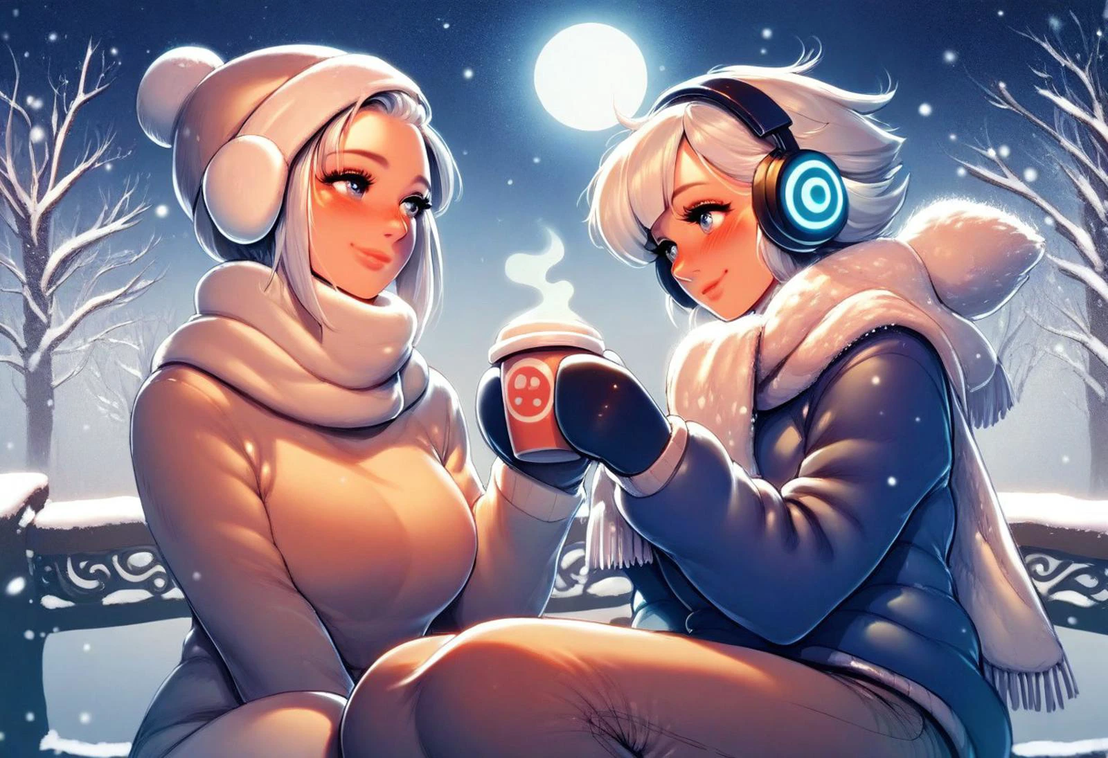 ((score_9), score_8_up, score_7_up), score_6_up, score_4_up, score_5_up,ais-ghostly, (2 girls),(mature women),(sitting side by side on a bench in a park in a winter night),(looking at each other),drink hot coffee, hand on hand in a cold winter night,heavy fur coats,winter clothes,winter headphones,mittens,cold mist,blush,starry sky,full moon,snowflakes falling,happy smiles,having fun,thick scarf