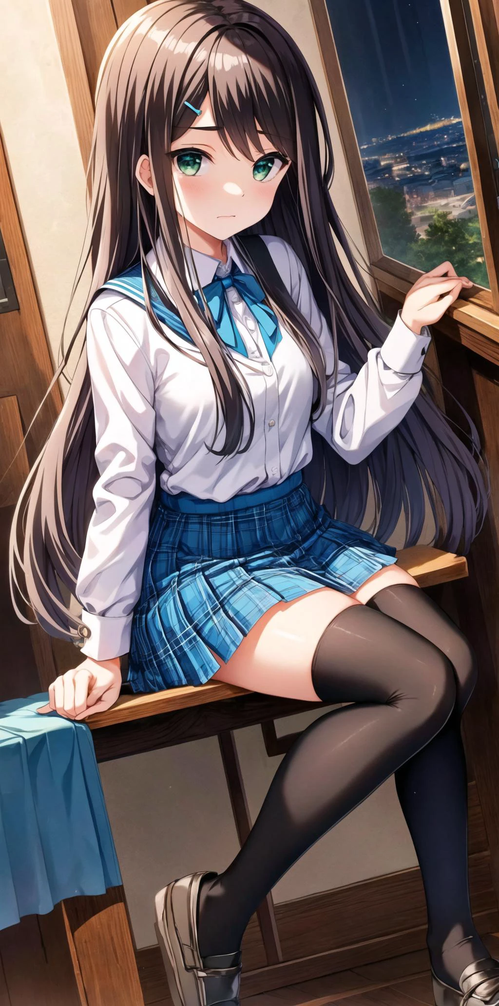 masterpiece, best quality, highres, BREAK,
full body,
<lora:Kamijou-Rui:0.7>,kamijourui, black hair, hairclip, hair ornament, bangs, green eyes,
blue ribbon, white shirt, blue skirt, plaid skirt, (black thighhighs:1.1), school uniform
, BREAK
,resentful face,gothic shrine evening, , zentangle, ,(looking at viewer:1.1), knees,