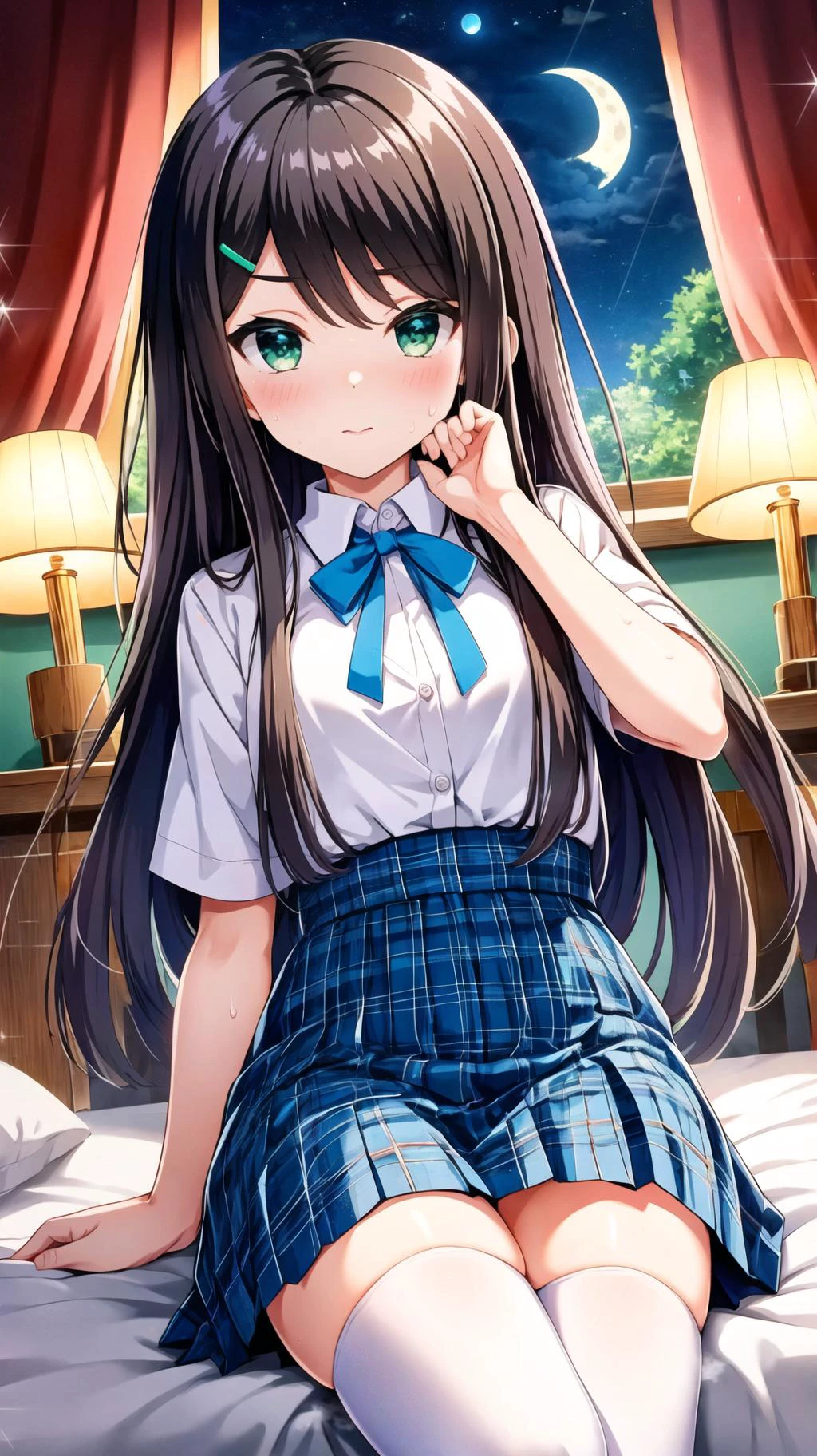 masterpiece, best quality, highres, BREAK,
<lora:Kamijou-Rui:0.7>,kamijourui, black hair, ponytail, hairclip, hair ornament, bangs, green eyes,
blue ribbon, white shirt, blue skirt, plaid skirt, black thighhighs, school uniform ,
(spoken hearts:1.2),sweat,(deep breathe:1.2),(on bed:1),(steam:1.2) ,(presenting:1.2), looking at viewer
,(moonlit room:1.2),(soft bed linens:1.1)