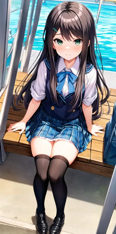 masterpiece, best quality, highres, BREAK,
full body, 
   <lora:Kamijou-Rui:0.7>,kamijourui, black hair, hairclip, hair ornament, bangs, green eyes,
    blue ribbon, white shirt, blue skirt, plaid skirt, (black thighhighs:1.1), school uniform 
, BREAK
,ready,gaming Poolside evening, , Jacob's ladder, ,looking up, knees,