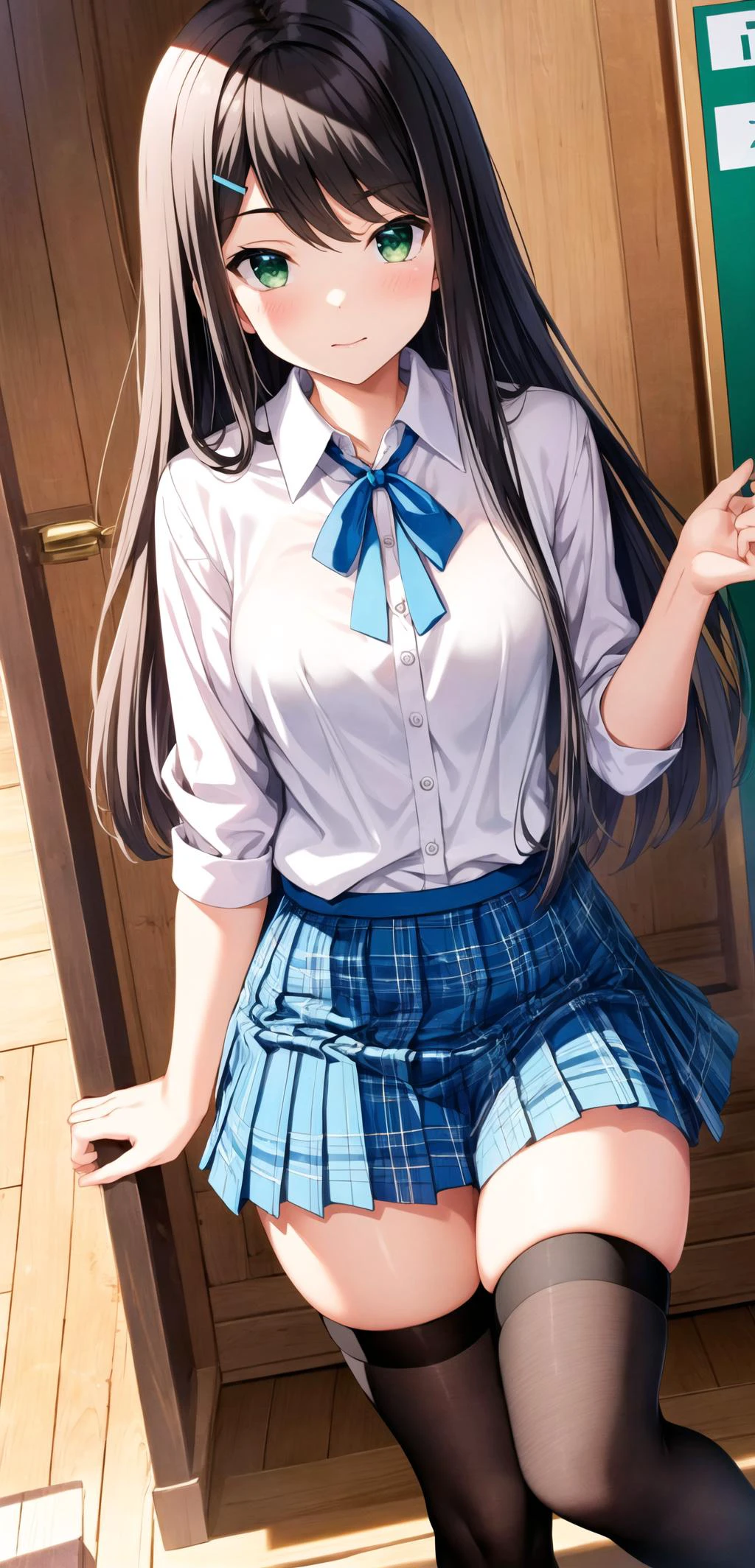 masterpiece, best quality, highres, BREAK,
full body,
<lora:Kamijou-Rui:0.7>,kamijourui, black hair, hairclip, hair ornament, bangs, green eyes,
blue ribbon, white shirt, blue skirt, plaid skirt, black thighhighs, school uniform